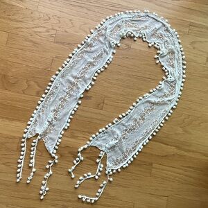 Elegant White Lace Scarf with Pom-Pom Trim